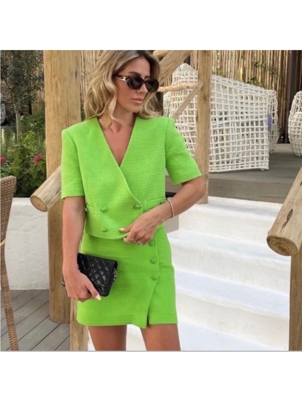 Zara Neon Green Double-Breasted Crop Mini Skirt Set